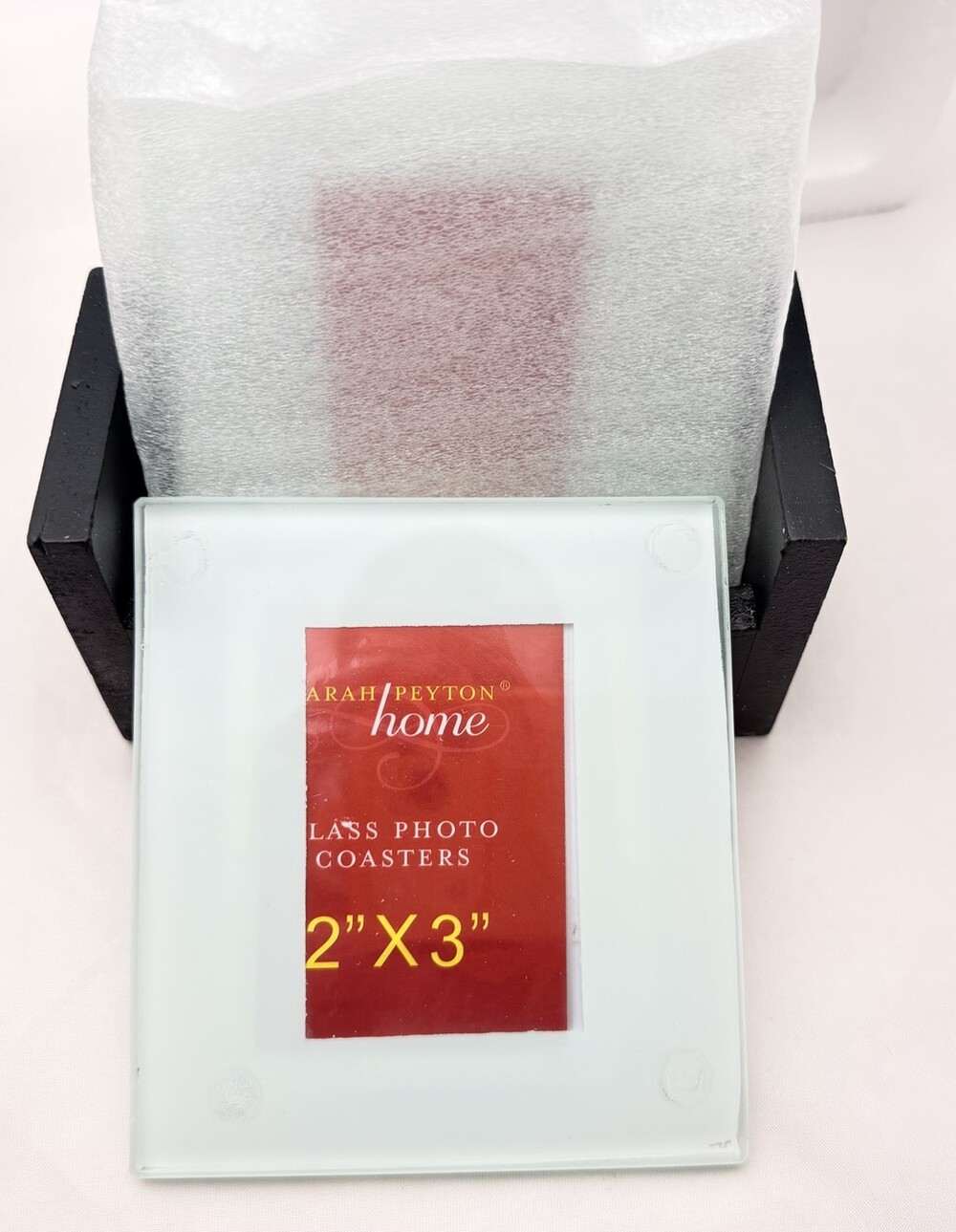 Sarah Peyton Home 4 Solid Glass Photo Coasters with Wood Holder New in Box